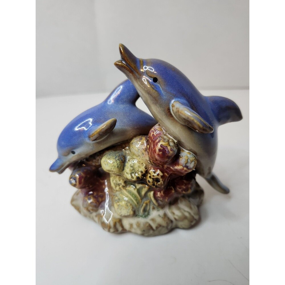 Two Blue Dolphins at Ocean Play Ceramic Figurine Mother and Child Porpoise Sea